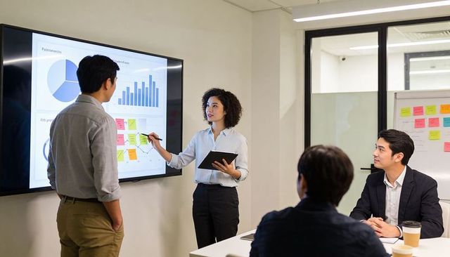 Collaborative meeting with woman presenting charts and sticky note planning on display