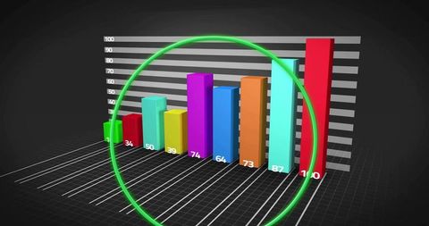 Vibrant 3D Bar Chart Displaying Multicolor Data Columns on Dark Grid with Neon Ring