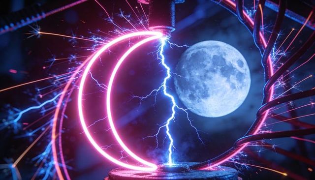 Glowing neon crescent linking full moon with electric blue lightning in futuristic lab