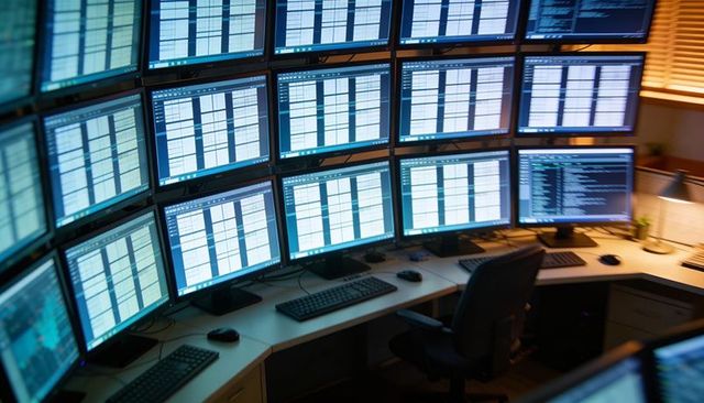 Curved Wall of Trading Monitors Displaying Real-Time Data at Multi-Screen Workstation