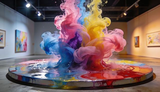 Vibrant paint plume installation erupting from round pedestal in modern art gallery