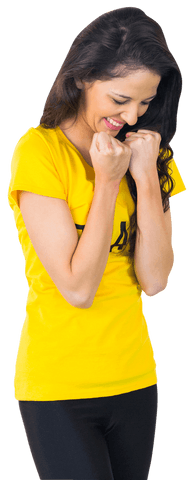Excited Woman in Yellow Shirt With Fist Pumps, Transparent Background