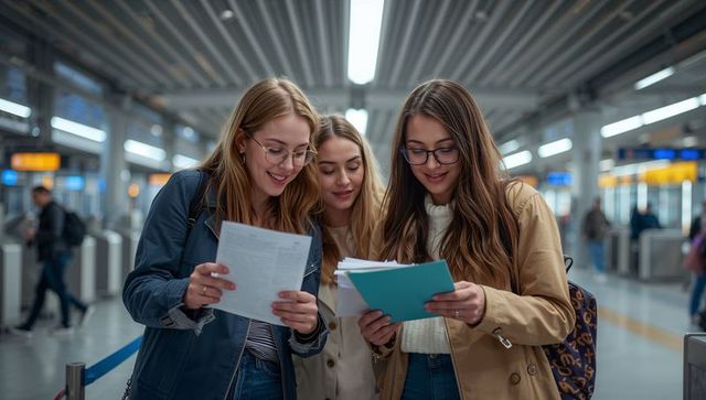 Three young women reading travel documents at busy airport terminal with teal folder