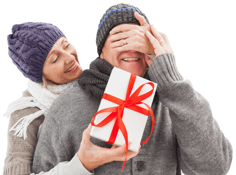 Senior Couple Celebrating with Gift on Transparent Background