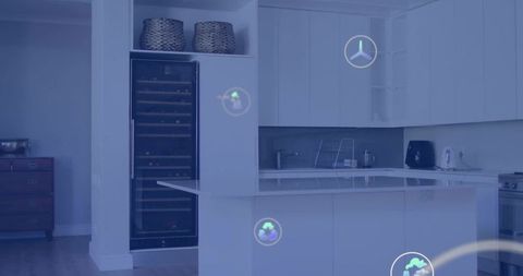 Modern white kitchen island with waterfall countertop, built-in wine fridge, ar overlays