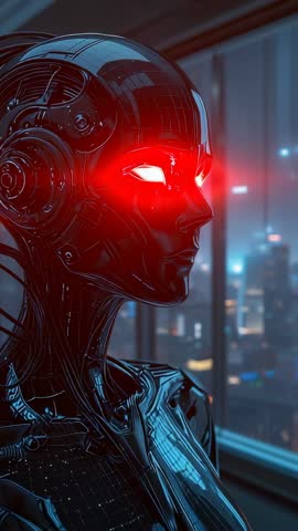 Vertical Video: Cybernetic Android Staring Through Neon City Window with Pulsing Red Eyes