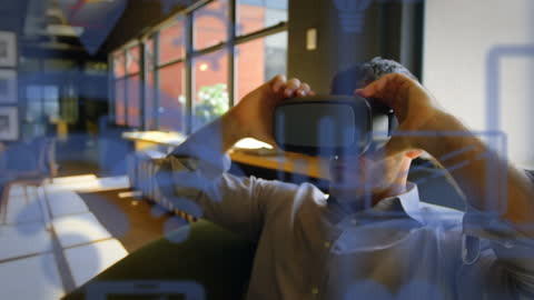 Businessman Exploring Virtual Reality with Digital Interface Overlay