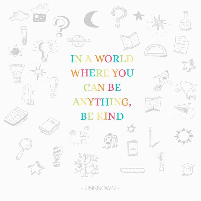 This design features an inspirational quote 'In a world where you can be anything, be kind' in colorful text surrounded by various doodled icons related to education and science. Perfect for posters, social media graphics, classroom decorations, and motivational presentations, it encourages kindness and spreads positivity in a creative and engaging format. Ideal for teachers, students, and inspirational content creators.