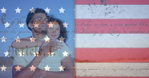 Diverse Couple Embracing Against American Flag and Constitution Overlay