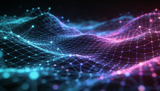 Neon data wave network mesh with glowing nodes, dynamic wireframe and futuristic digital grid