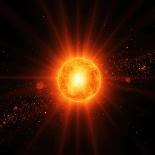 Glowing sun radiating light in space with a background of stars and cosmic dust. Useful for educational materials on astronomy, space exploration visuals, science fiction cover art, and energy-related concepts.