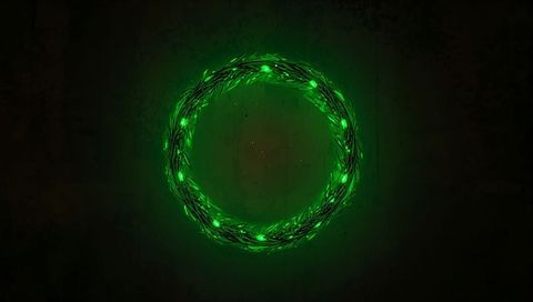 Glowing green led wreath halo hanging on dark textured wall minimal circular glow symmetry