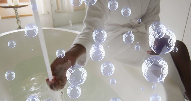 Image of bubble icons over african american woman taking bath - Download Free Stock Photos Pikwizard.com