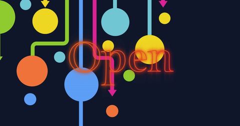 Colorful neon open sign with abstract connection hub