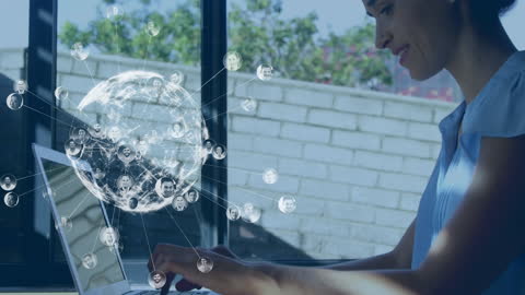 Woman Networking Globally on Laptop with Virtual Server Graphic