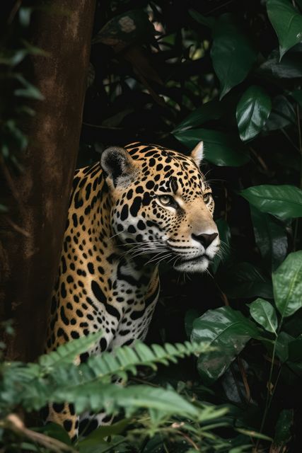 Portrait of jaguar in tropical jungle leaves and plants, created using generative ai technology. Wild animal, wildlife, nature and beauty in nature concept digitally generated image.
