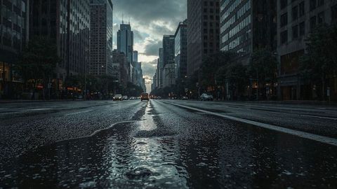 Wet city streets with reflective puddles at dusk