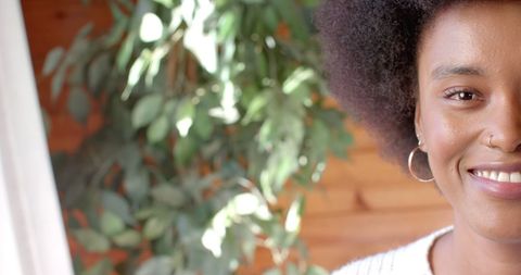 Smiling african american woman with afro hairstyle at home