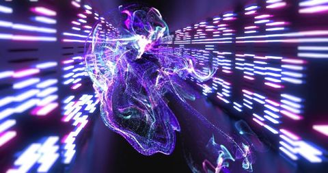 Pulsing neon particle cloud gliding through futuristic data tunnel with light bars