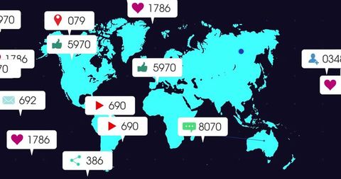 Global social engagement map displaying real-time interaction metrics and analytics callouts