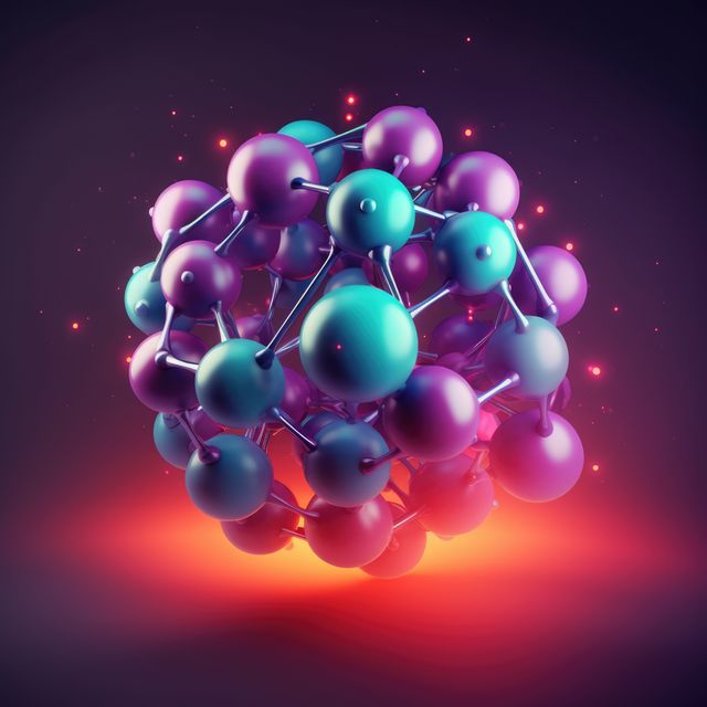 Blue and purple atoms forming molecular structure, created using generative ai technology. Science, nature, matter, model and structure concept digitally generated image.