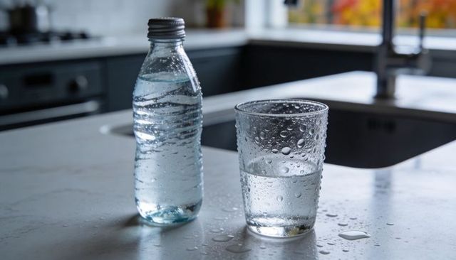 Condensation-covered water bottle and glass sitting on wet marble countertop in modern kitchen