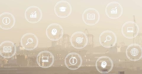 Eco and Business Network Icons Over Cityscape