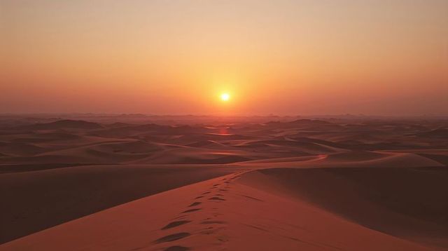 Golden sunrise over rolling sand dunes with footprints leading across vast desert