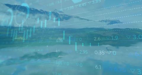 Financial Charts Overlaid on Serene Mountain Lake Background