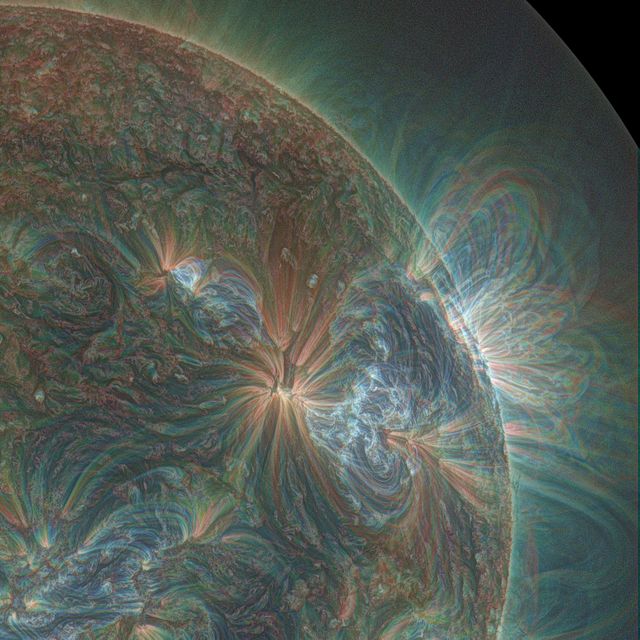 This captivating image from NASA's Solar Dynamics Observatory captures one of the multiple jets leading to a series of slow coronal puffs that occurred on January 17, 2013. The photo amalgamates three wavelengths of light, highlighted in red, green, and blue, creating a stunning visual representation of solar activity. Ideal for educational purposes in astrophysics and solar studies, science-related publications, and enhancing awareness about space phenomena, this image provides a vivid illustration of the sun's dynamic behavior.