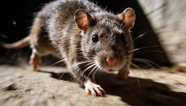 Close-up brown rat sniffing rough wooden plank in dim shed, dust particles scattering