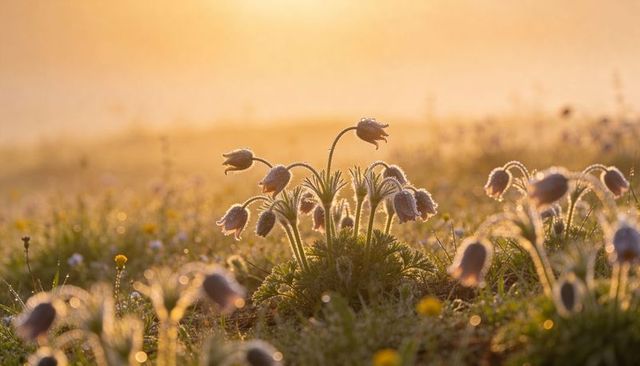 Golden-hour dew sparkling on fuzzy bell wildflowers swaying in meadow at dawn
