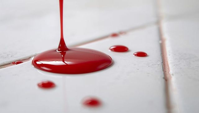 Red liquid spilling on white tiles creating minimalist abstract pattern