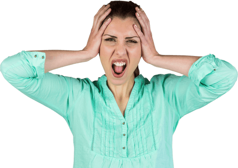 Transparent Background Portrait of Frustrated Woman Grasping Head