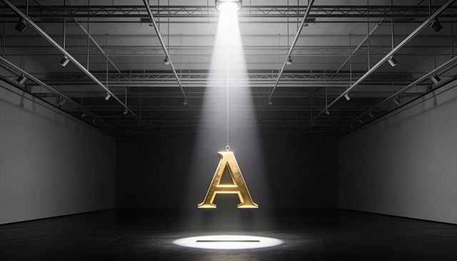 Golden metallic letter A suspended in spotlight over dark minimalist gallery floor with trusses