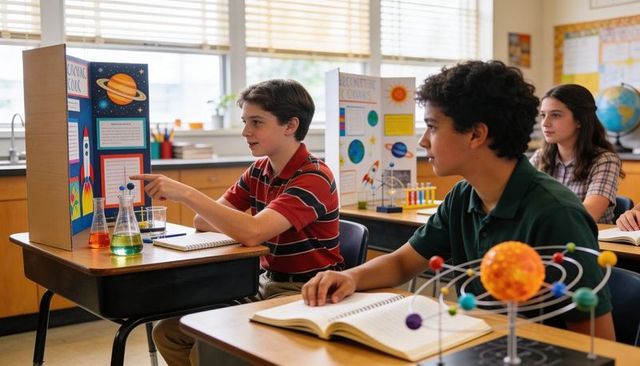 Student presenting rocket science project with beakers and solar system model in classroom