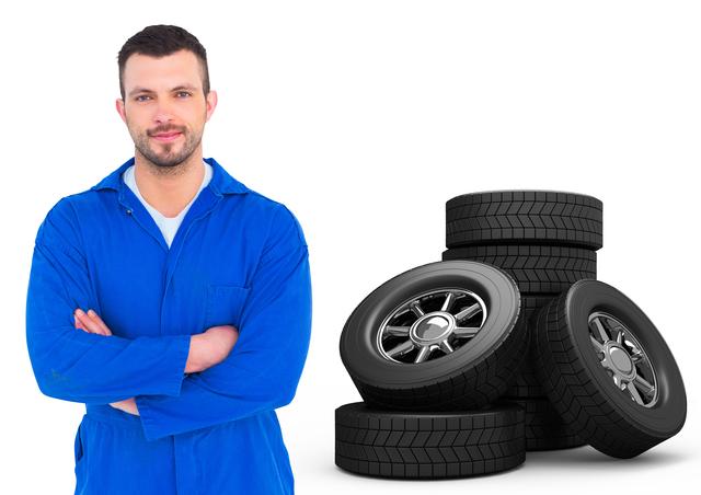 Car mechanic in blue coveralls standing confidently with arms crossed next to a stack of tires on a white background. Ideal for use in automotive repair service advertisements, promotional materials for car maintenance workshops, and professional mechanic profiles.