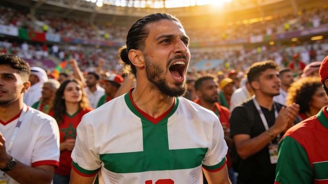 Shouting male football fan wearing white jersey with green cross and red trim in stadium