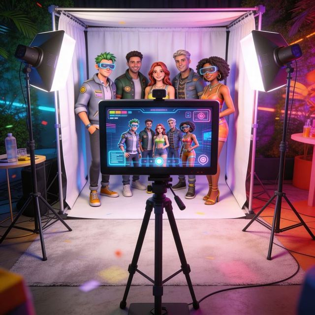 Vibrant creator crew posing in studio backdrop with softbox lights, monitor and tripod