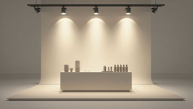Minimal Beige Cosmetic Display Showcasing Skincare Bottles, Pump Dispensers, Sculptural Vases