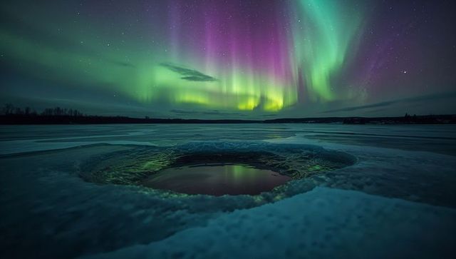 Circular Ice Hole Reflecting Auroras Over Frozen Northern Lake