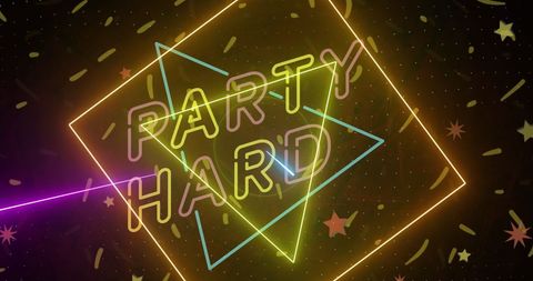 Neon Party Hard Text with Colorful Confetti and Shapes