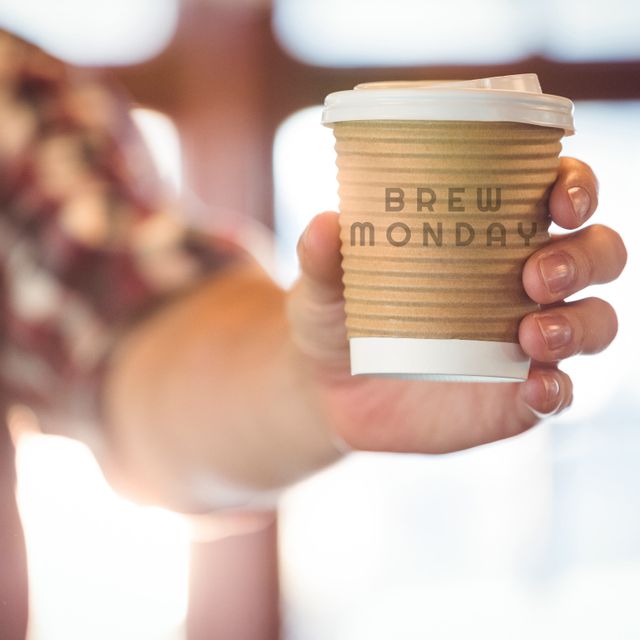 Hand Holding Brew Monday Cup in Warm Light Setting - Download Free Stock Templates Pikwizard.com