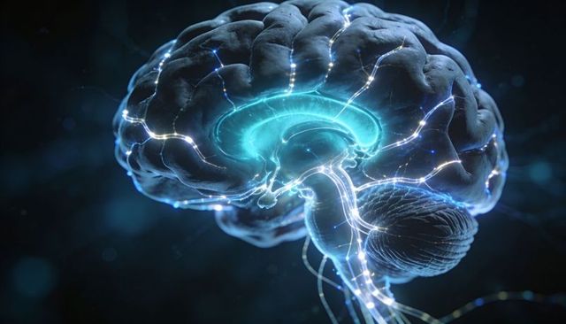 Illuminating 3D brain revealing glowing neural pathways, pulsing synapses and cerebellum glow