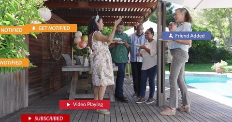 Backyard Casual Gathering Chatting Friends by Pool on Pergola Deck Holding Plates