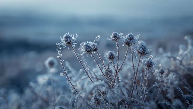 Capturing frosted wildflower seedheads and icy stems in meadow at blue dawn light