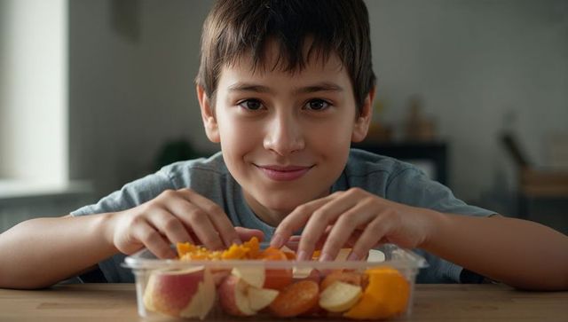 Smiling schoolboy leaning over container of fresh fruit at kitchen table in natural daylight