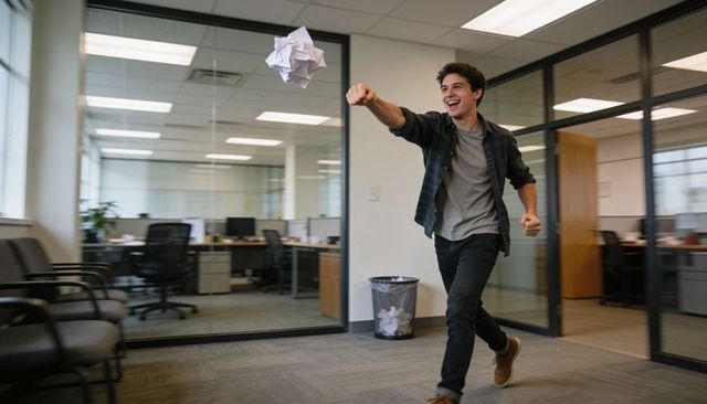 Young man throwing paper ball across modern open-plan office for playful workplace moment