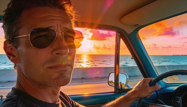 Sunset coastal drive with confident driver steering vintage car wearing aviator sunglasses
