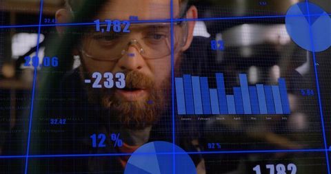Engineer Analyzing Data with Bar and Pie Chart Overlays